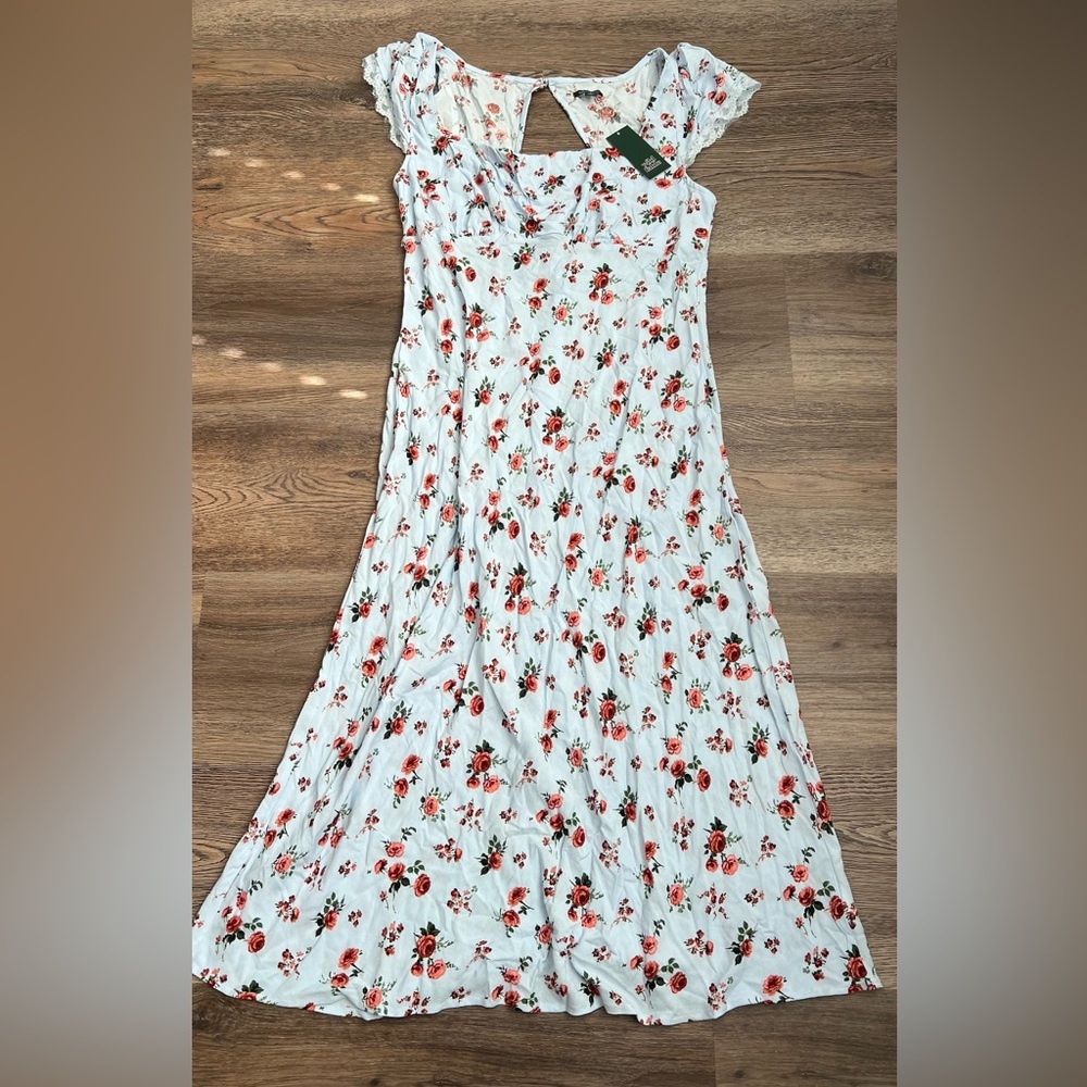 NWT Flutter Cap Sleeve Maxi a-Line Dress Wild Fable Light Blue Floral Large - Picture 2 of 7